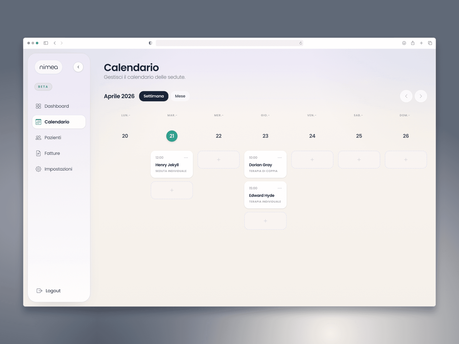 Screenshot del calendario di NIMEA
